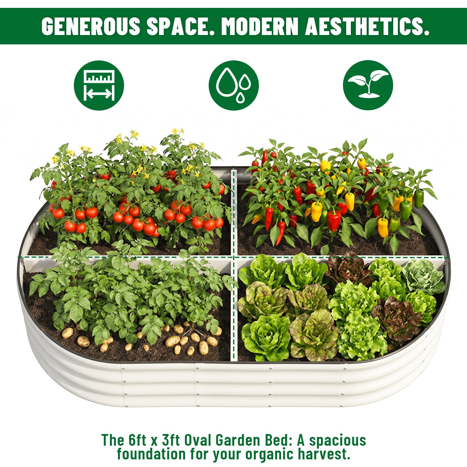 SnugNiture in-use with vegetables planted to show productive planting area and organization