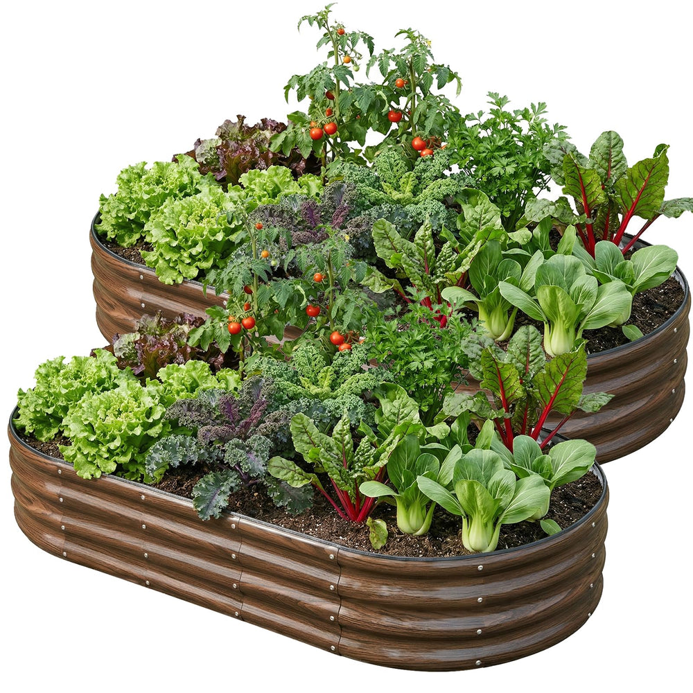 SnugNiture front view of oval raised bed showing sturdy, space-saving layout and curb appeal