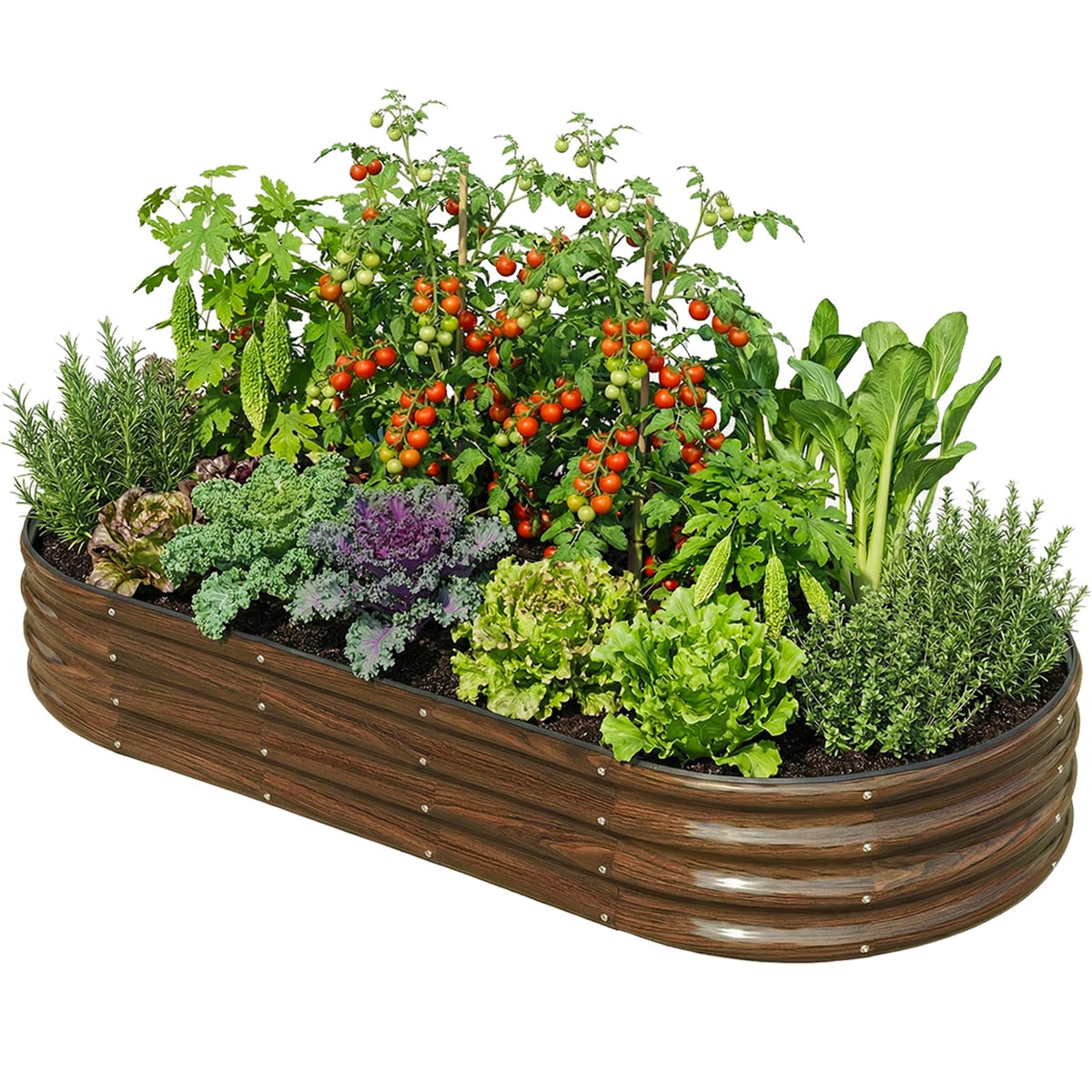SnugNiture oval raised bed front view showing full planting area and neat shape benefit