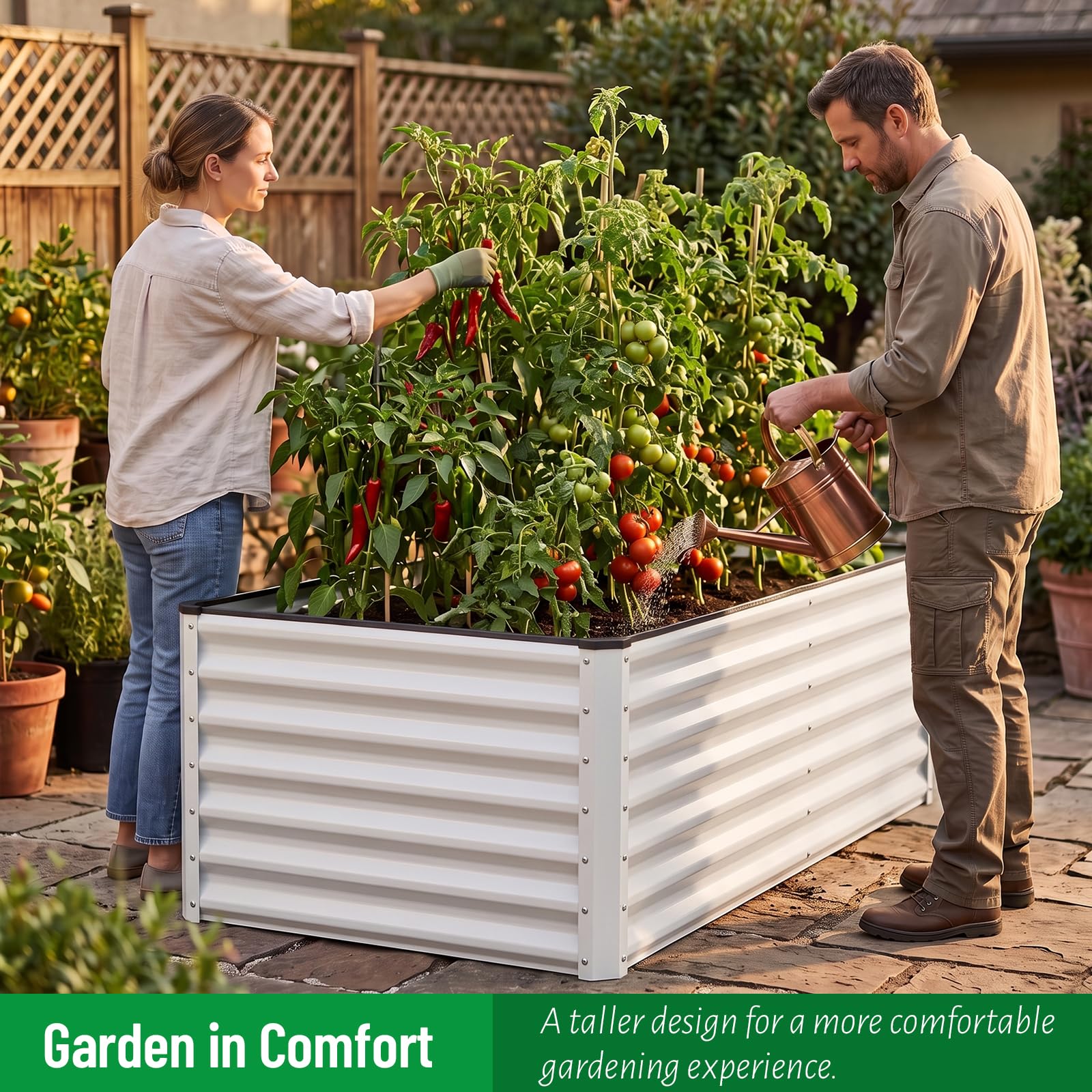 SnugNiture raised bed on a patio illustrating neat, space-saving urban gardening