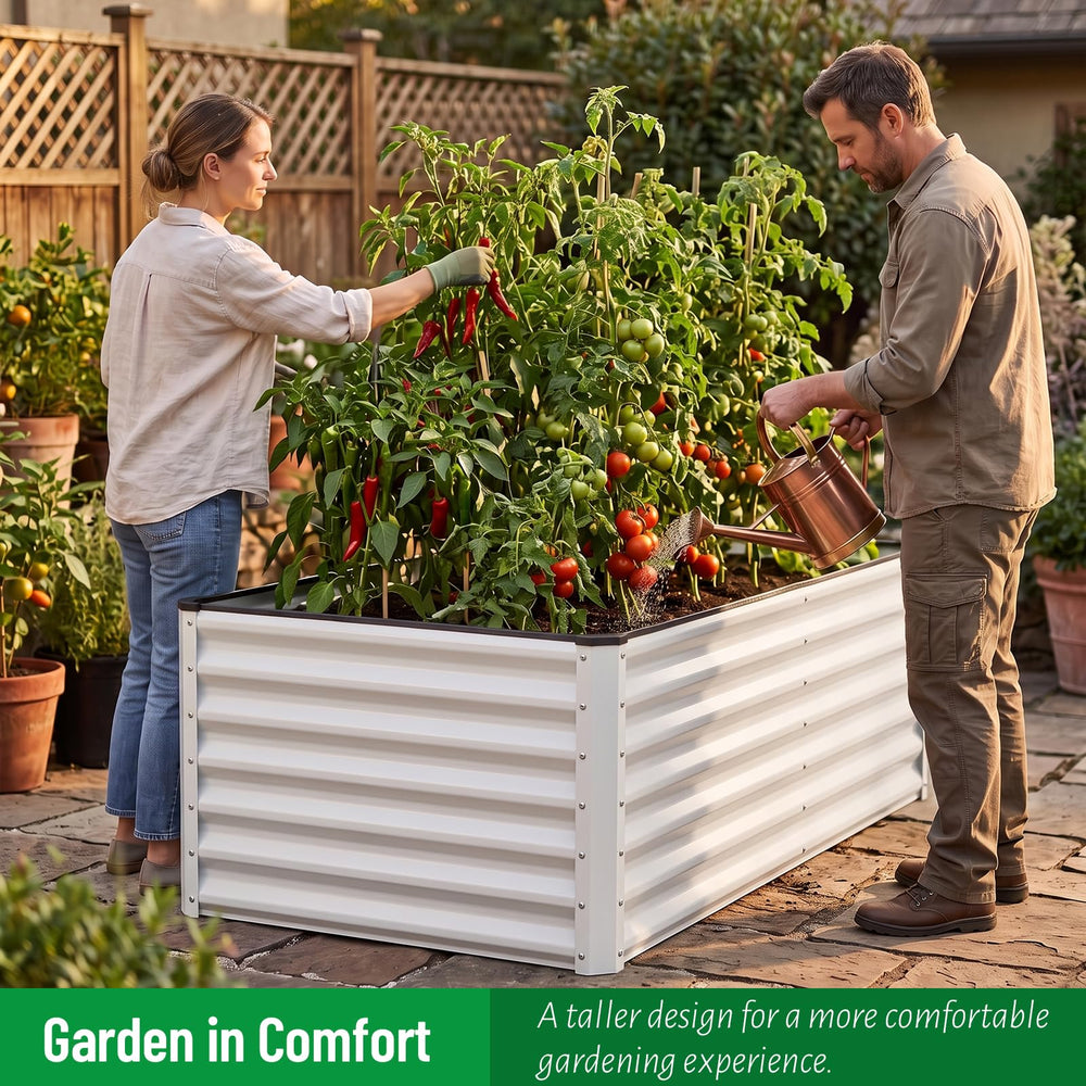 SnugNiture raised bed on a patio illustrating neat, space-saving urban gardening