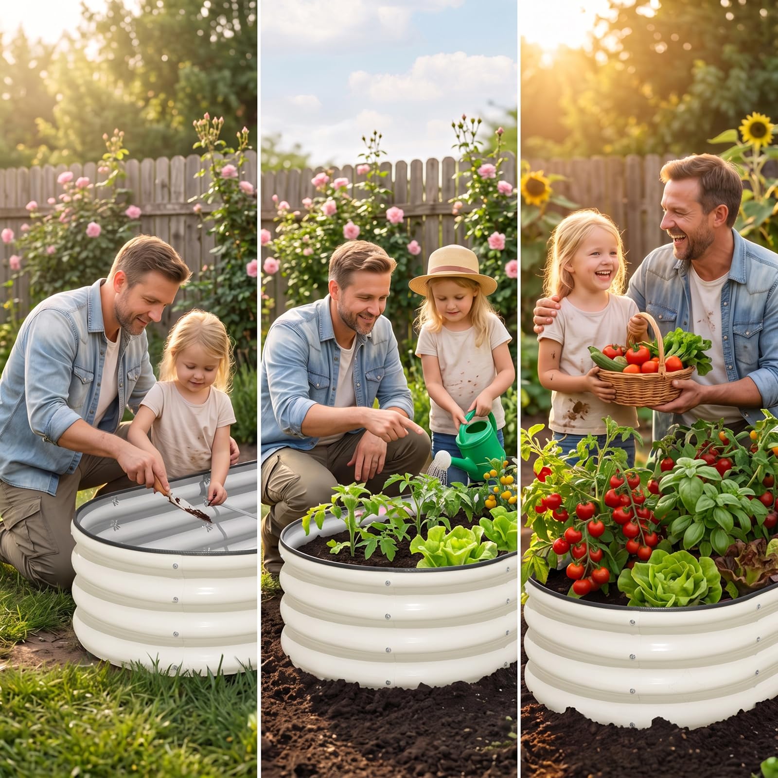 SnugNiture bed beside garden tools illustrating size and easy placement in small yards