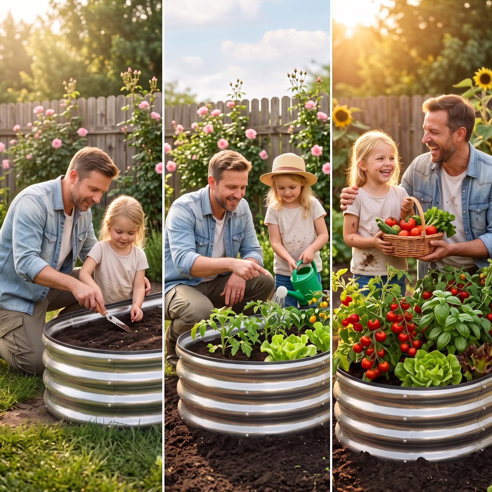 SnugNiture raised bed beside garden tools demonstrating scale and footprint clarity