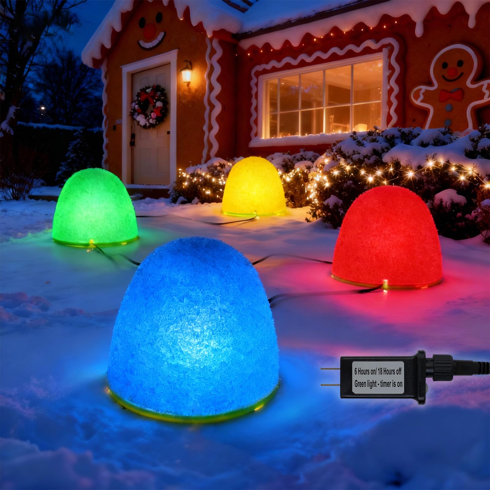 SNWLL front view of colorful gumdrop lights showing festive curb appeal