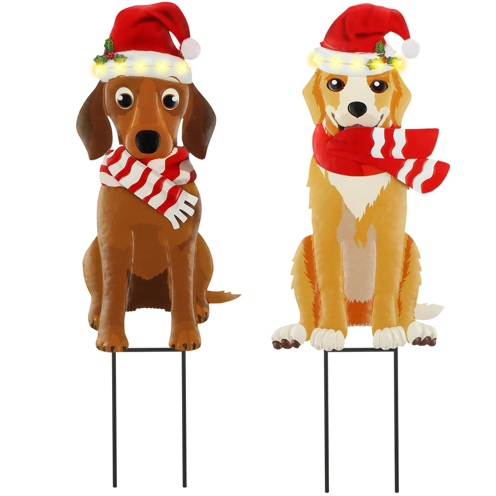 Soaoo front view of two solar dog stakes illuminating walkway, festive curb appeal
