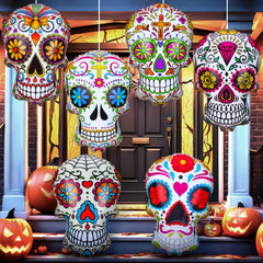 Soaoo front view of six 24-inch sugar skulls showing colorful designs and party appeal