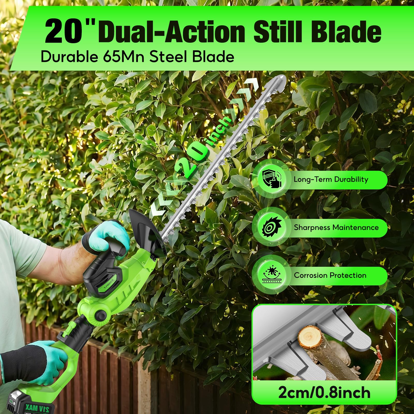 SOARFLY 20-inch dual-action blade close-up showing sharp 65Mn steel benefit