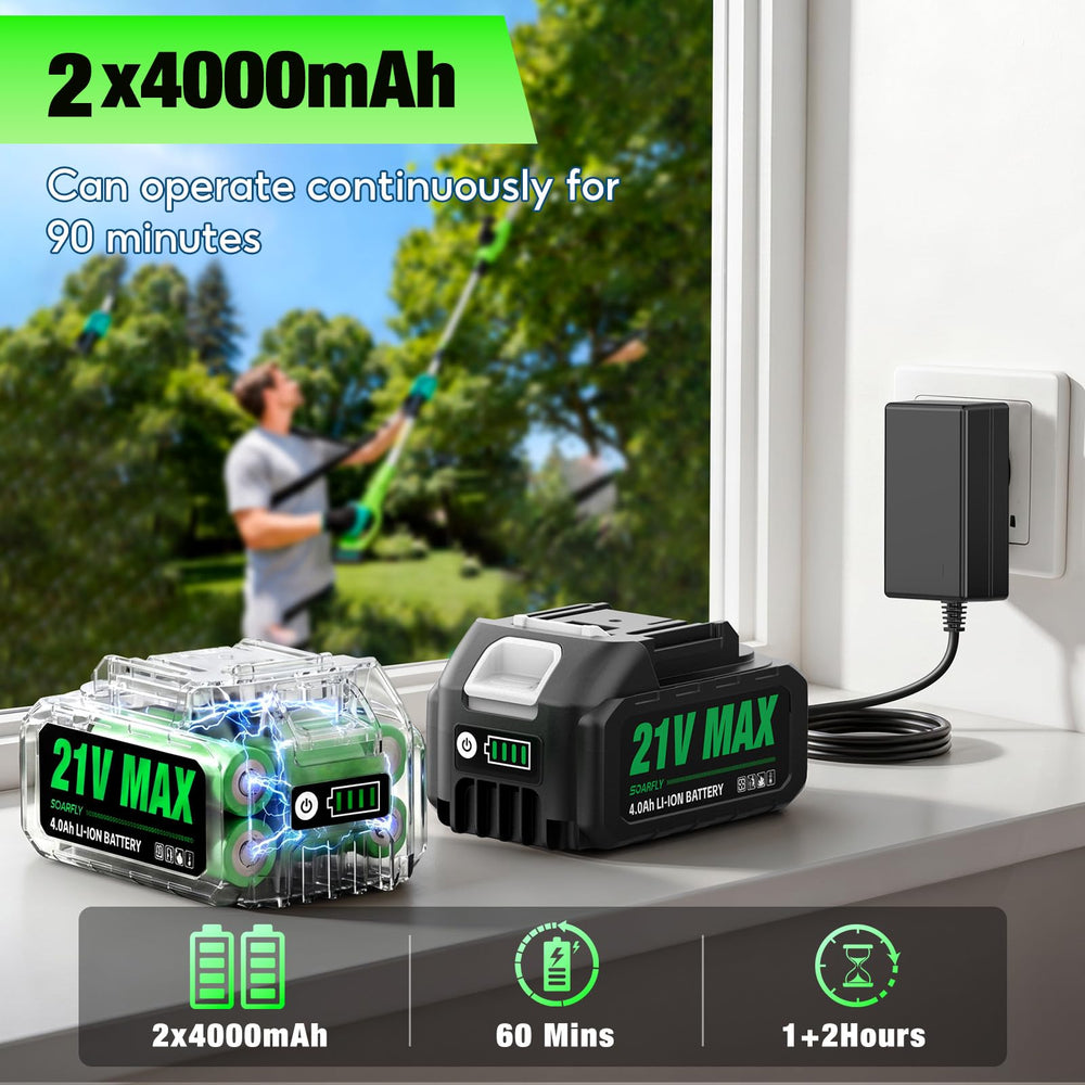 SOARFLY two 4.0Ah batteries with charger showing continuous runtime advantage