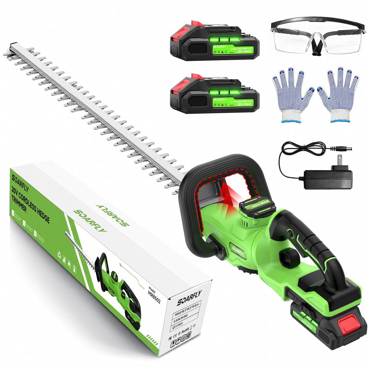 SOARFLY front view of 22-inch hedge trimmer showing full blade and body for efficient cutting