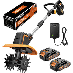 SOARFLY front view showing compact cordless tiller and portability benefit