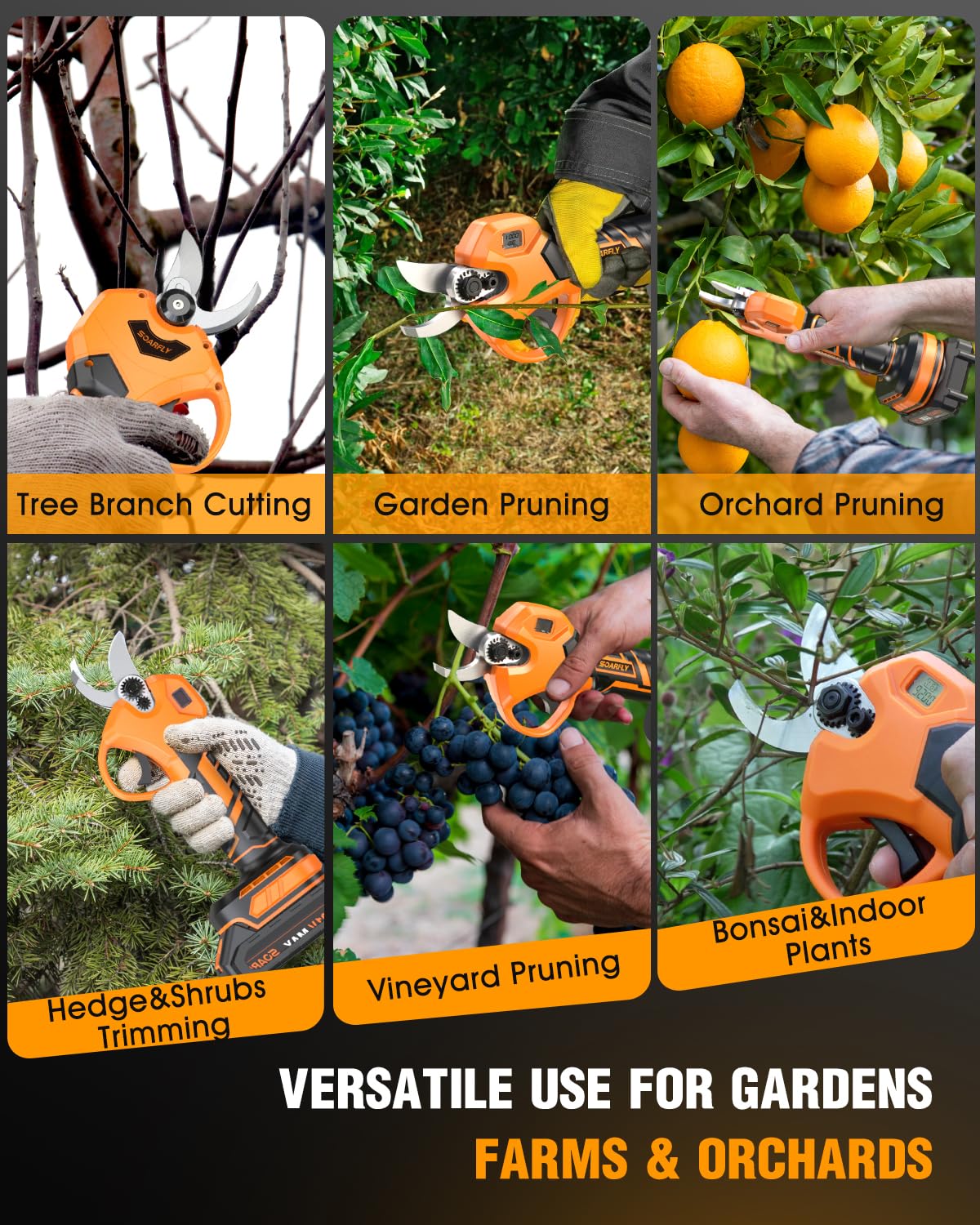 SOARFLY in a garden pruning shrubs illustrating practical use and time savings