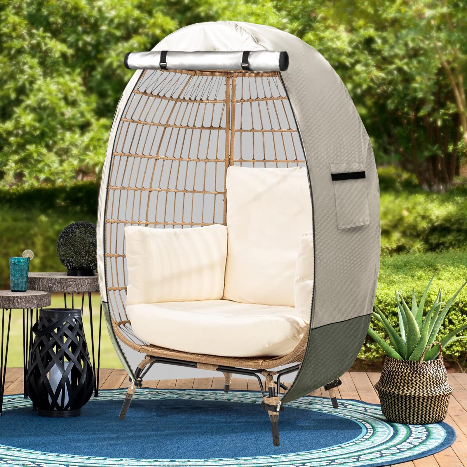 Sobana covered egg chair in garden demonstrating all-season protection