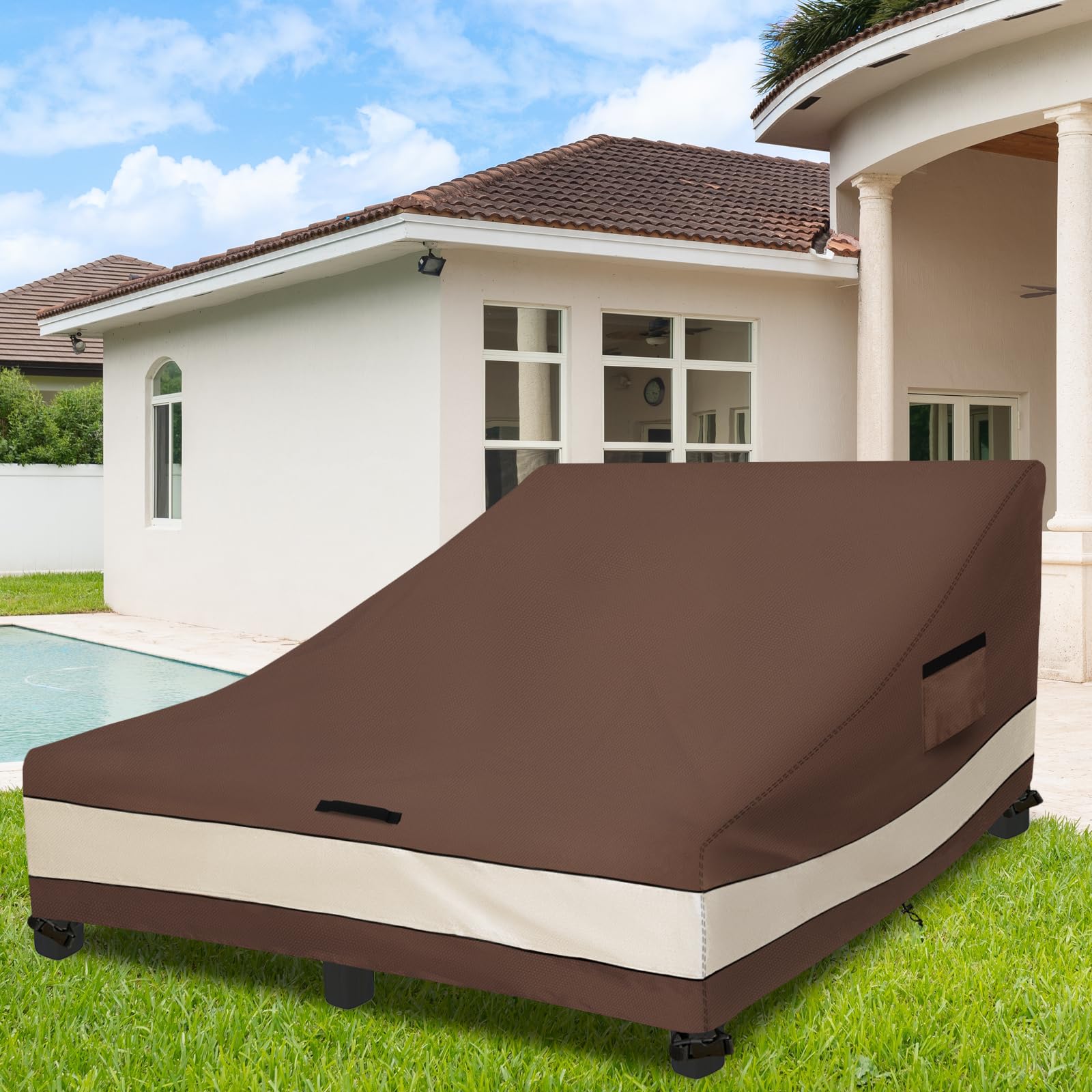 Sobana covered chaise in backyard lifestyle keeps patio furniture clean