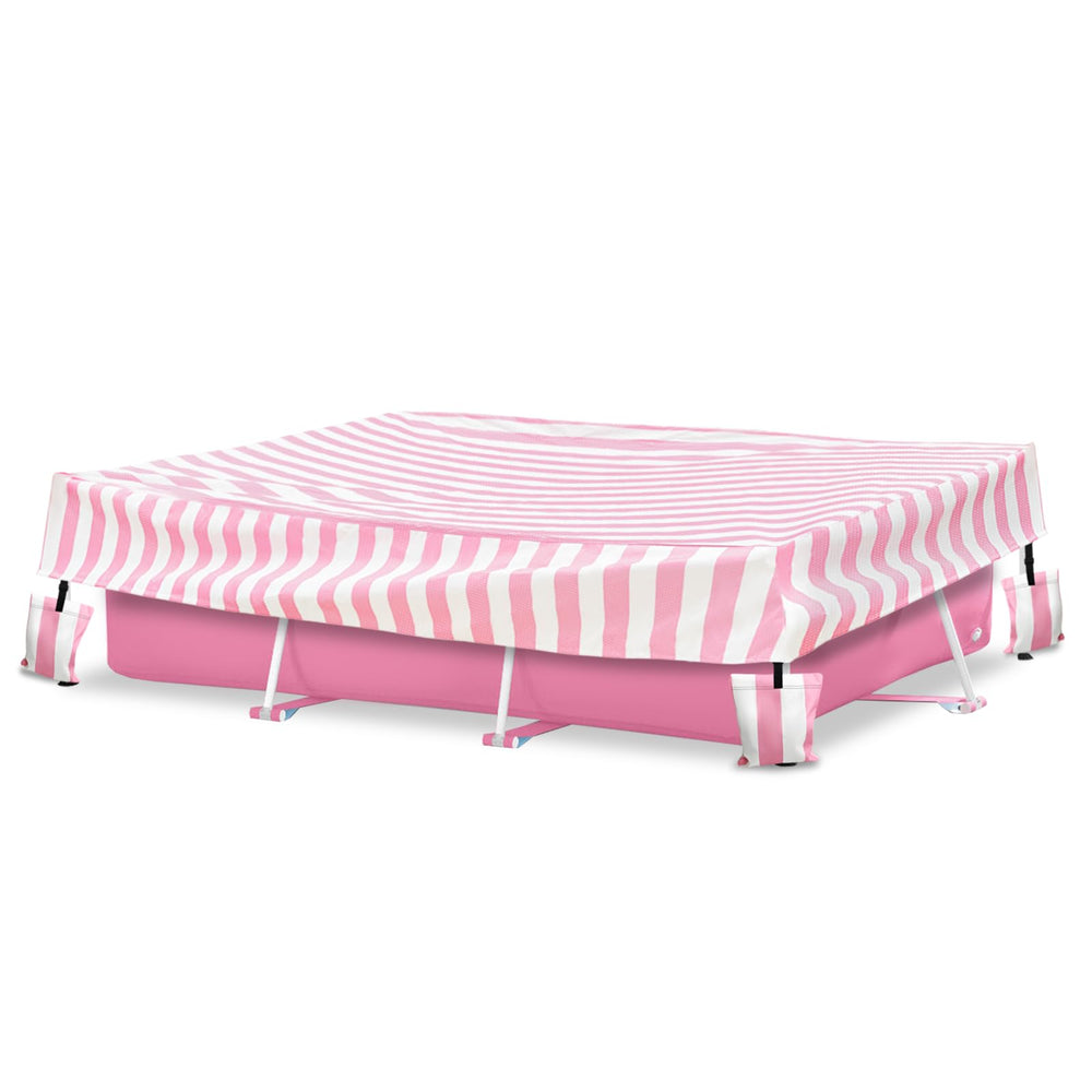 Sobana front view of pink rectangular pool cover shows full protection and neat fit