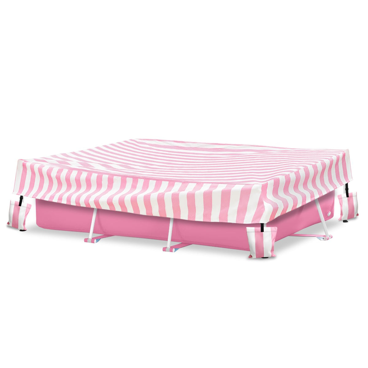 Sobana front view of pink rectangular pool cover shows full protection and neat fit