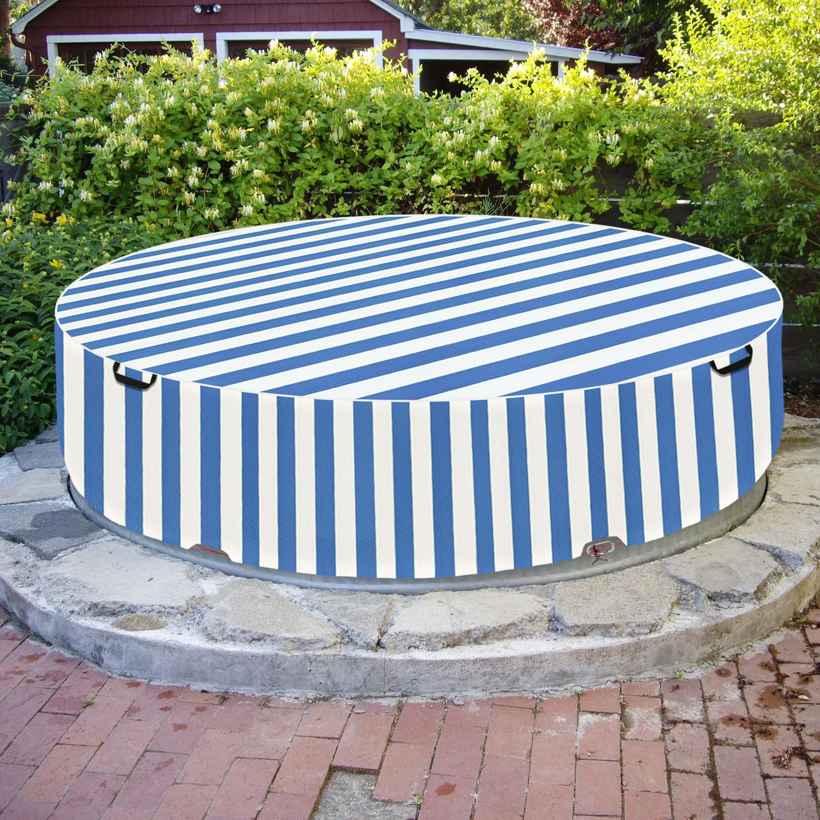 Sobana cover on backyard pool in outdoor lifestyle scene protecting from debris