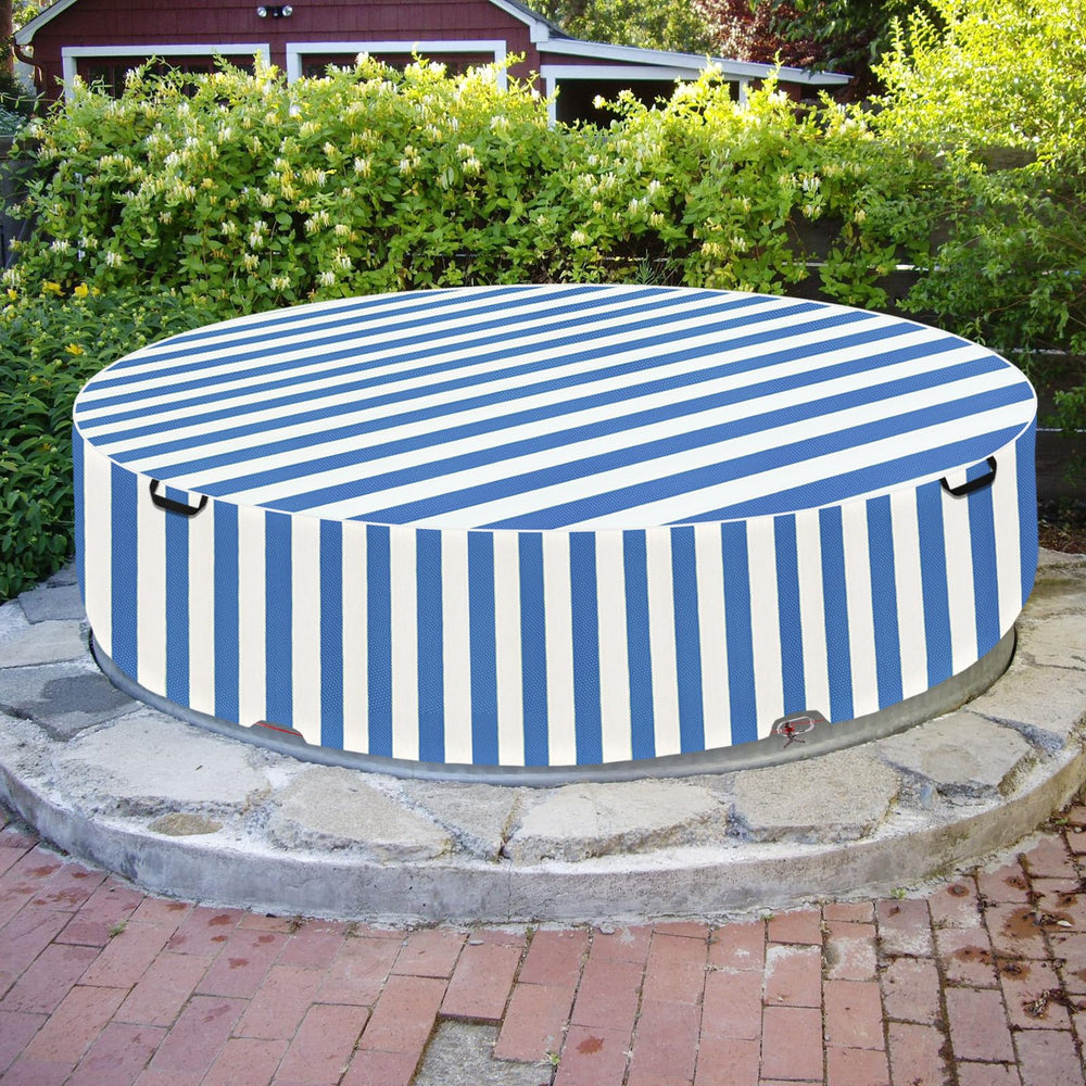 Sobana cover on backyard pool in outdoor lifestyle scene protecting from debris