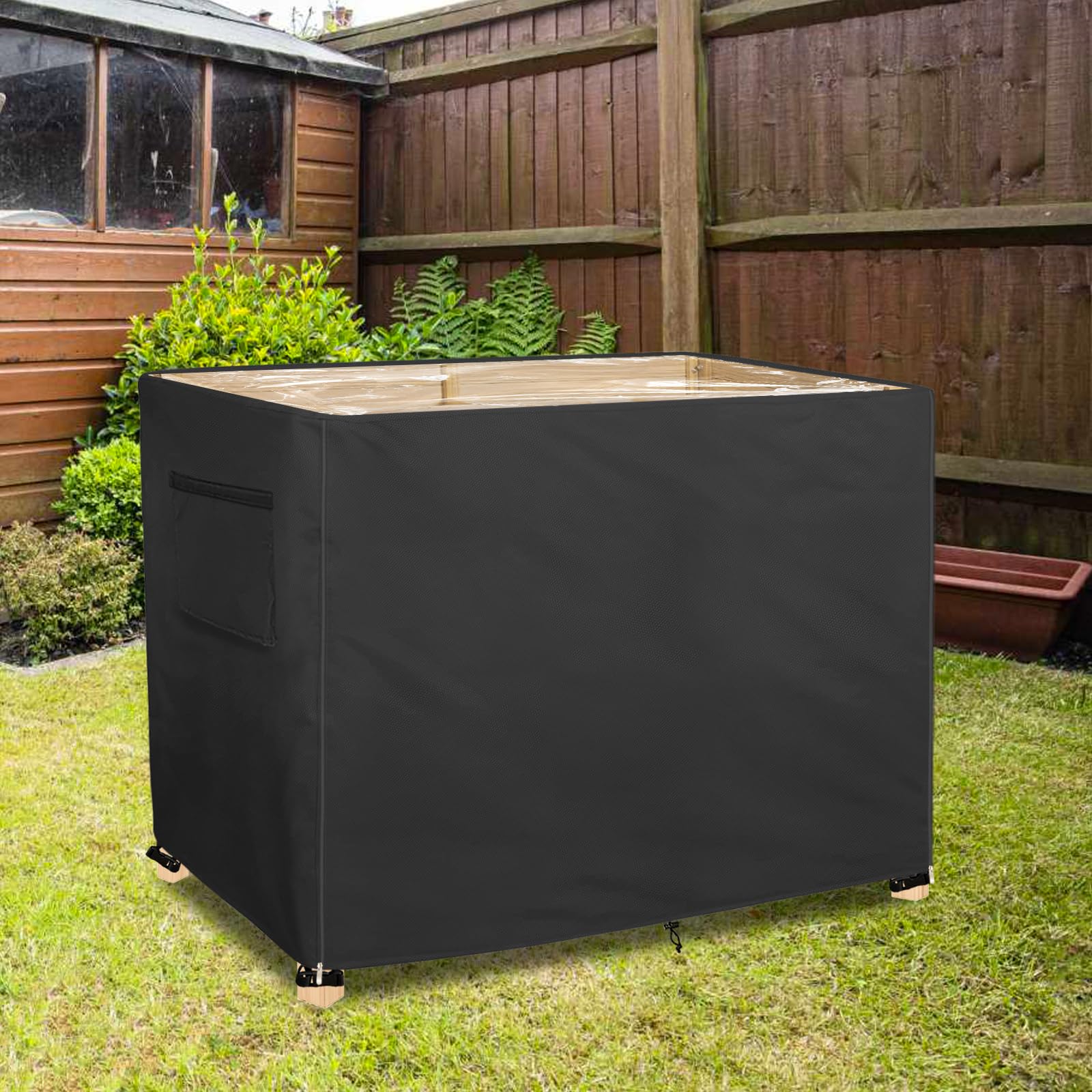Sobana cover installed on elevated planter showing outdoor use