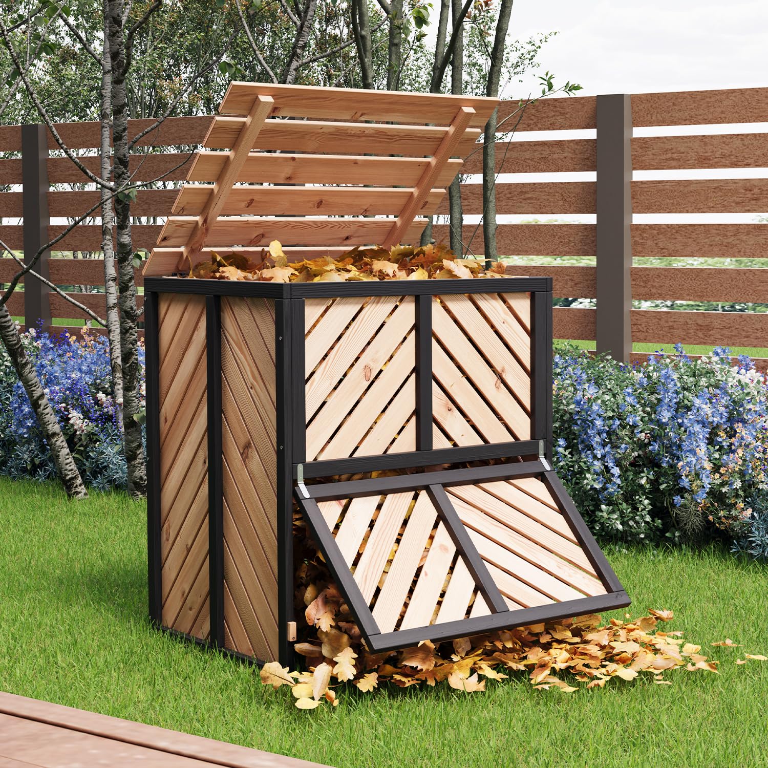 SOCOME front view of 115 gallon composter showing cedar-style panels and sturdy build for durable composting