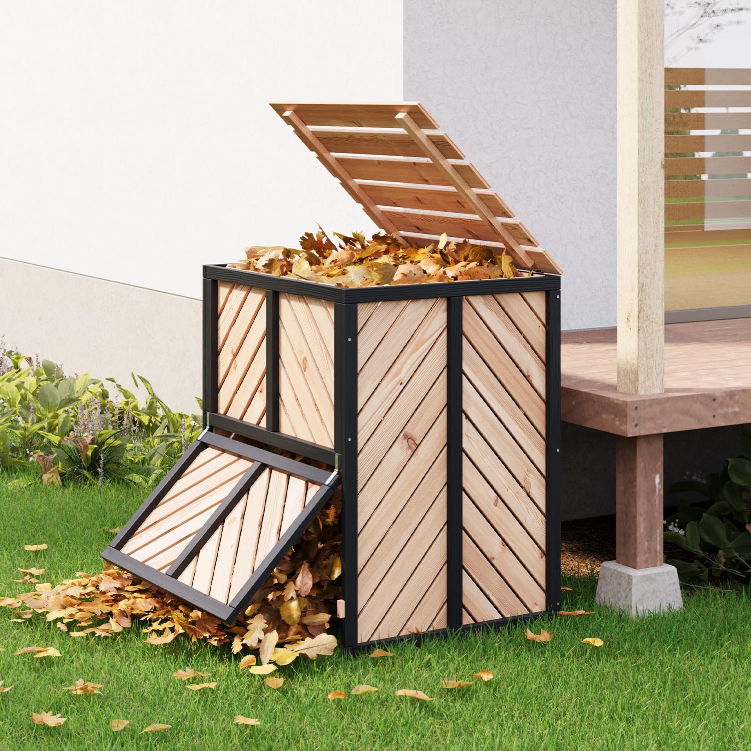 SOCOME composter in garden setting demonstrating space-saving placement and aesthetic appeal