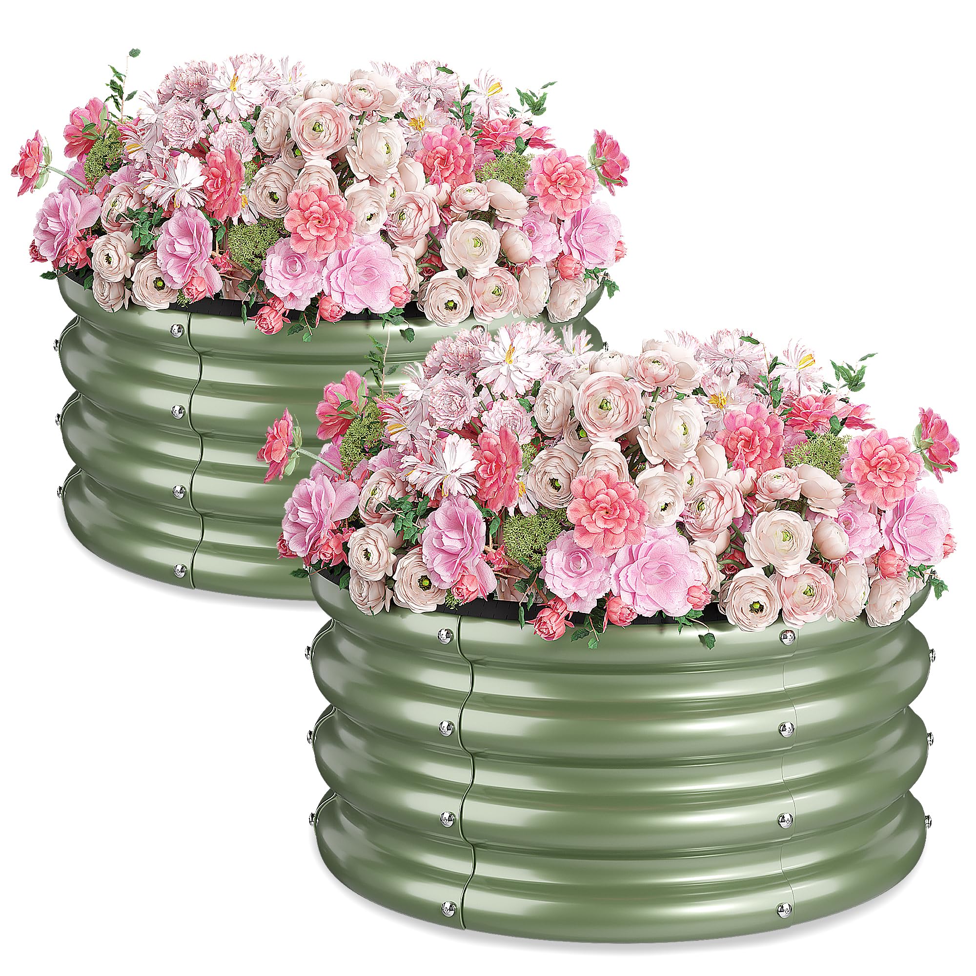 SOCONT front view of two green round raised beds showing sturdy shape and curb appeal