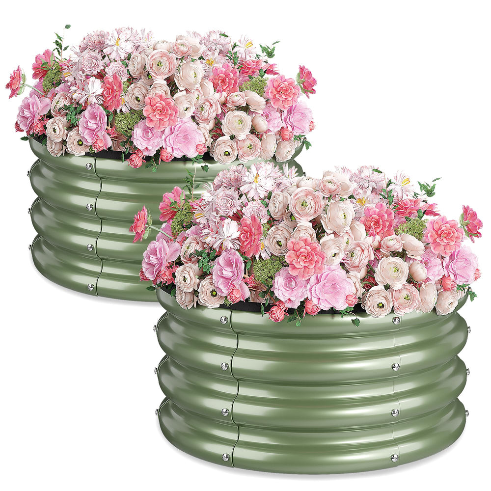 SOCONT front view of two green round raised beds showing sturdy shape and curb appeal