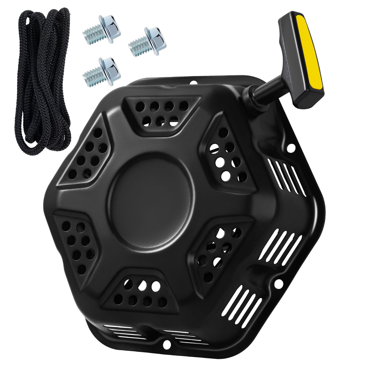 SOFO front view of recoil starter assembly showing mounting face and bolt holes for easy replacement