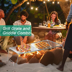 SOFRON grate in use over campfire holding a skillet for dependable cooking