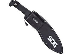 SOG kukri sawback closeup highlighting serrated spine for field sawing