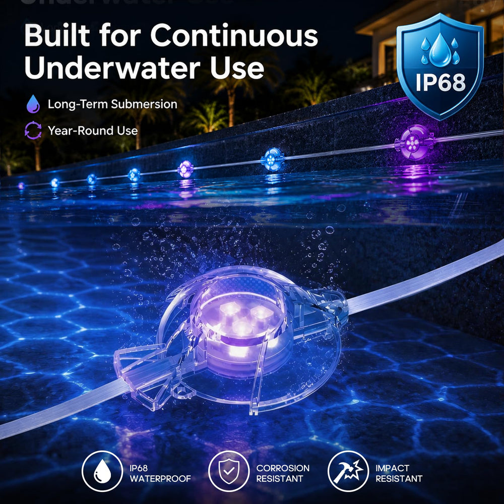 Soiarllt installed on pool wall demonstrating permanent waterproof lighting