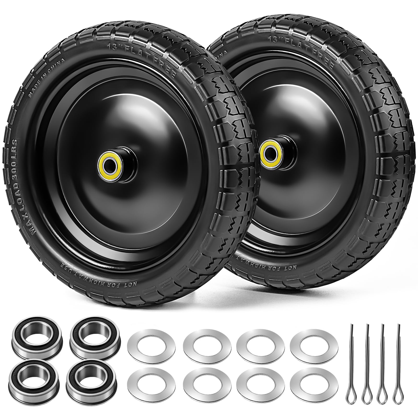 Soiiw front view of 13 inch wheel assembly showing durable rim and tire benefit: easy replacement