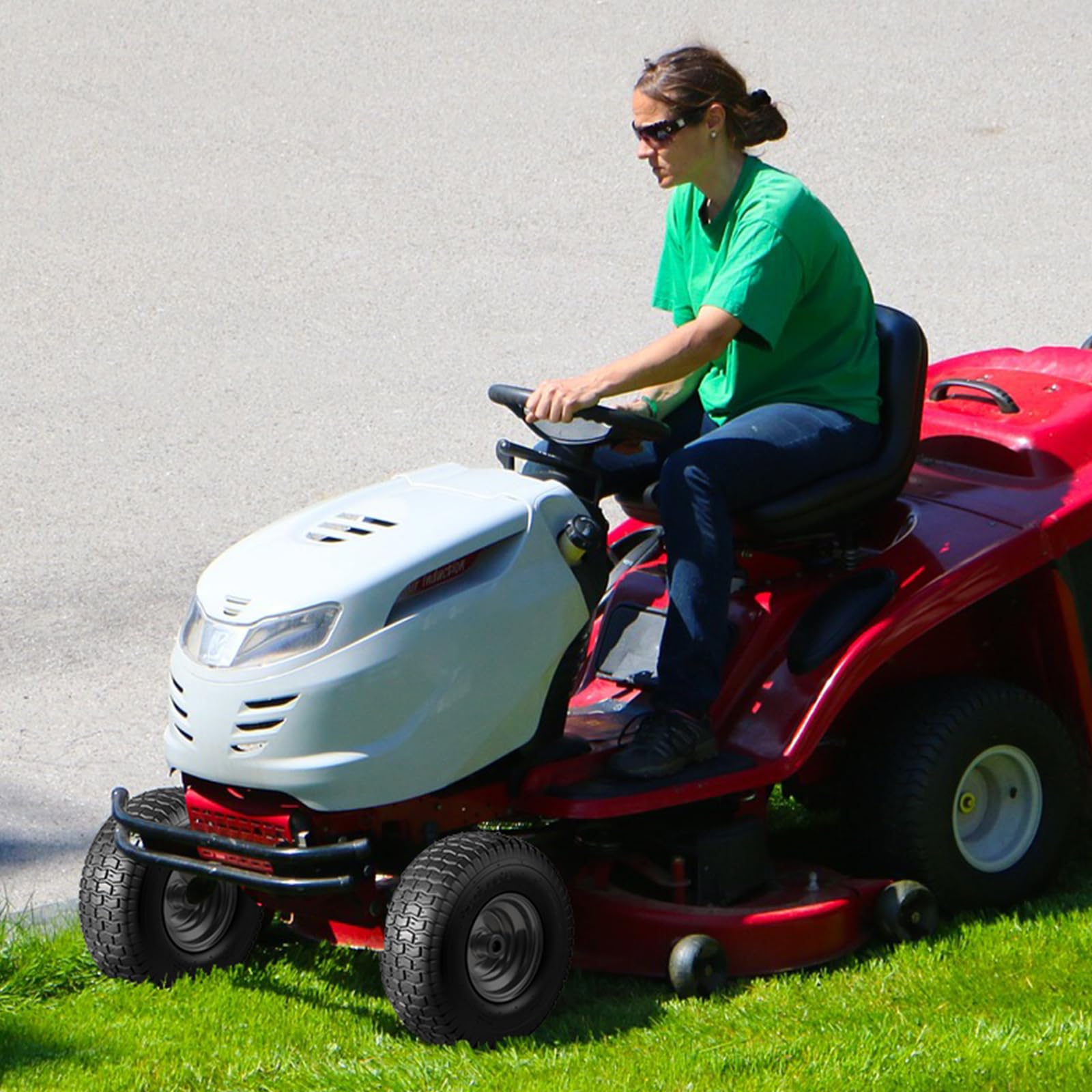 Soiiw wheel on mower in yard showing reliable mowing performance
