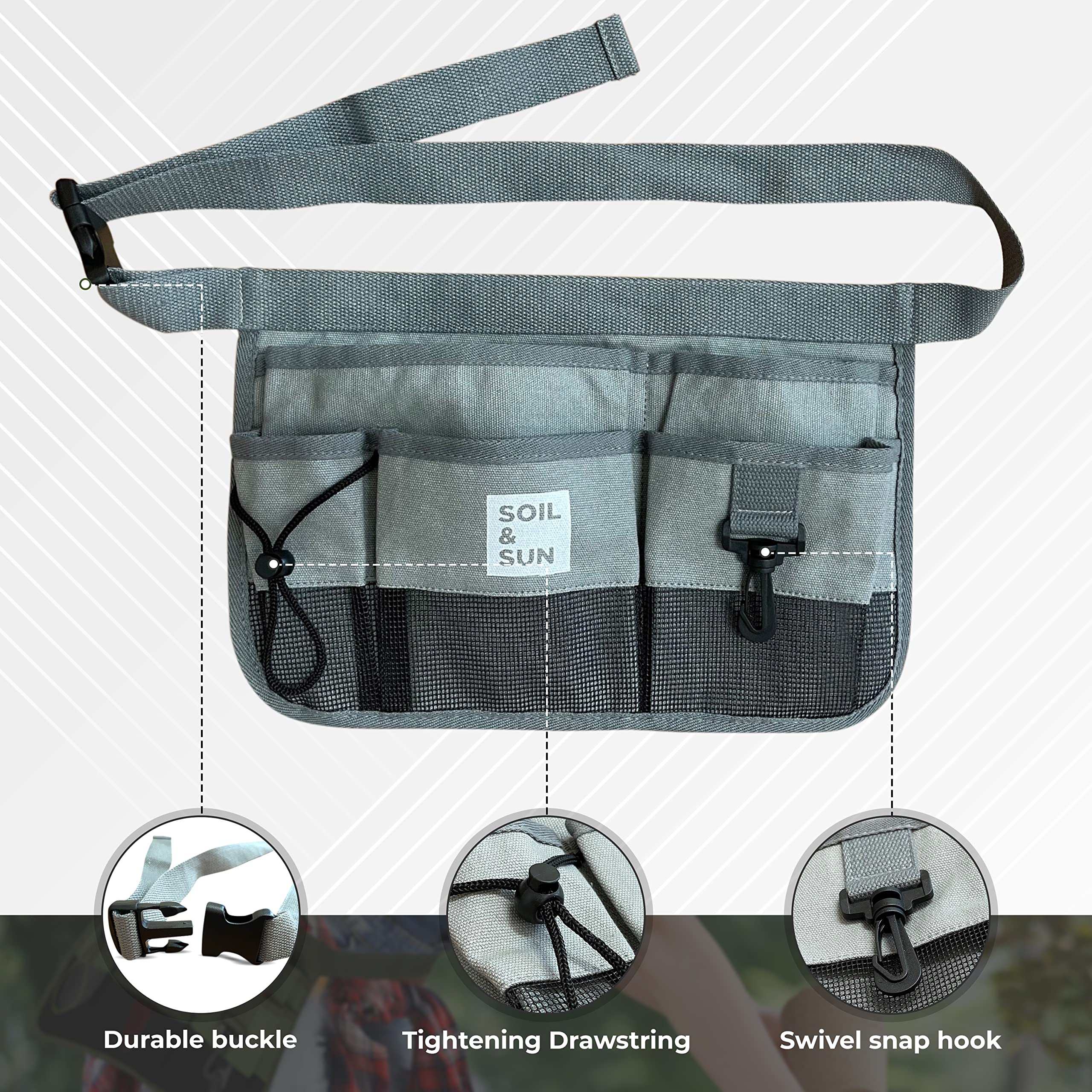 Soil & Sun belt adjustment detail with 51-inch strap for a secure, customizable fit