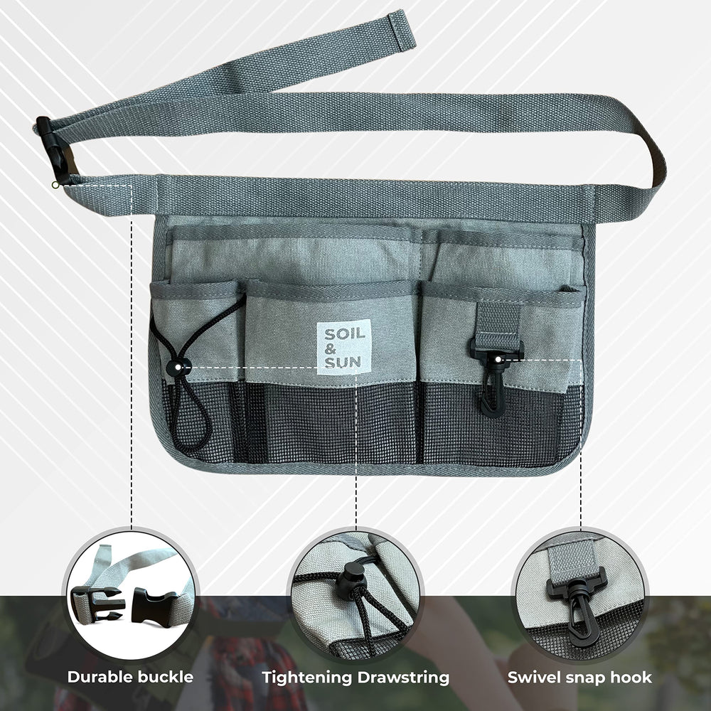 Soil & Sun belt adjustment detail with 51-inch strap for a secure, customizable fit