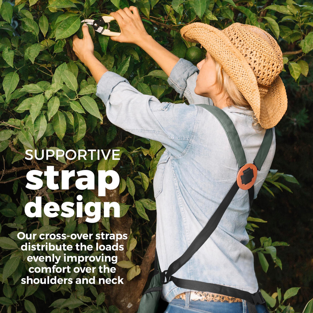 Soil & Sun adjustable cross-over straps shown on wearer for reduced neck strain
