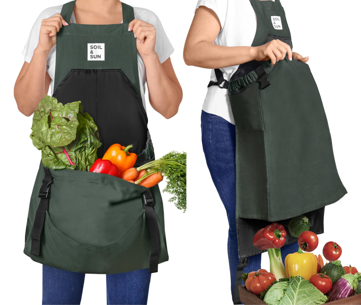 Soil & Sun front view showing pockets and harvesting pouch for tidy tool storage