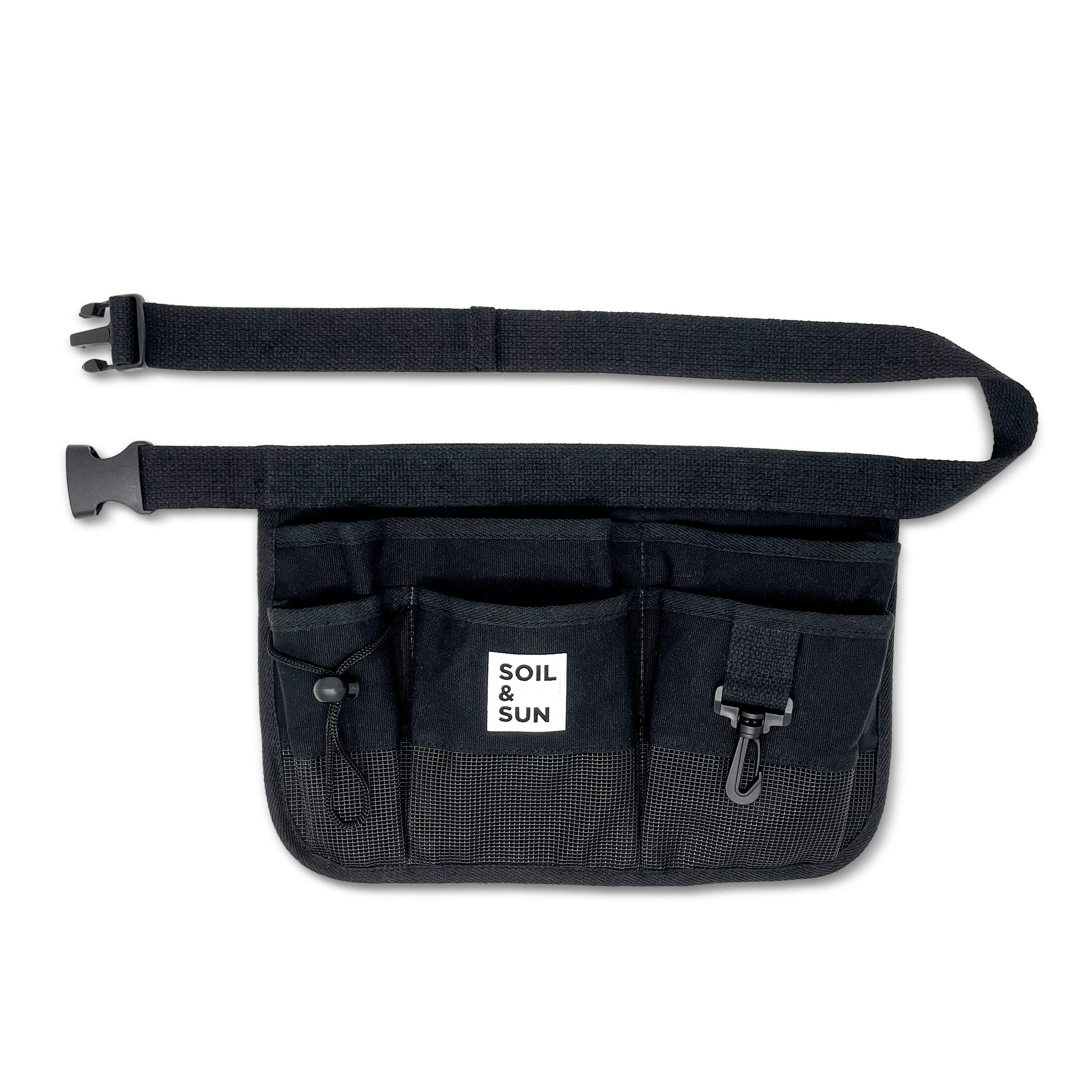 Soil & Sun black belt pouch front view showing organized pockets and hands-free convenience