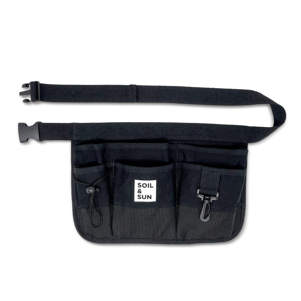 Soil & Sun black belt pouch front view showing organized pockets and hands-free convenience