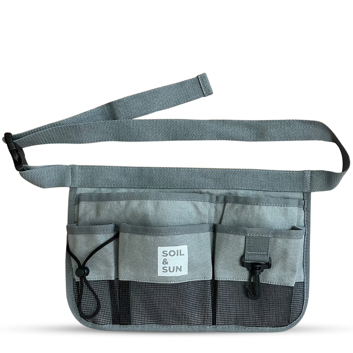 Soil & Sun grey apron front view showing pockets and durable canvas for organized storage