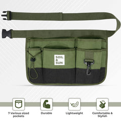 Soil & Sun tool apron worn while gardening demonstrating hands-free convenience