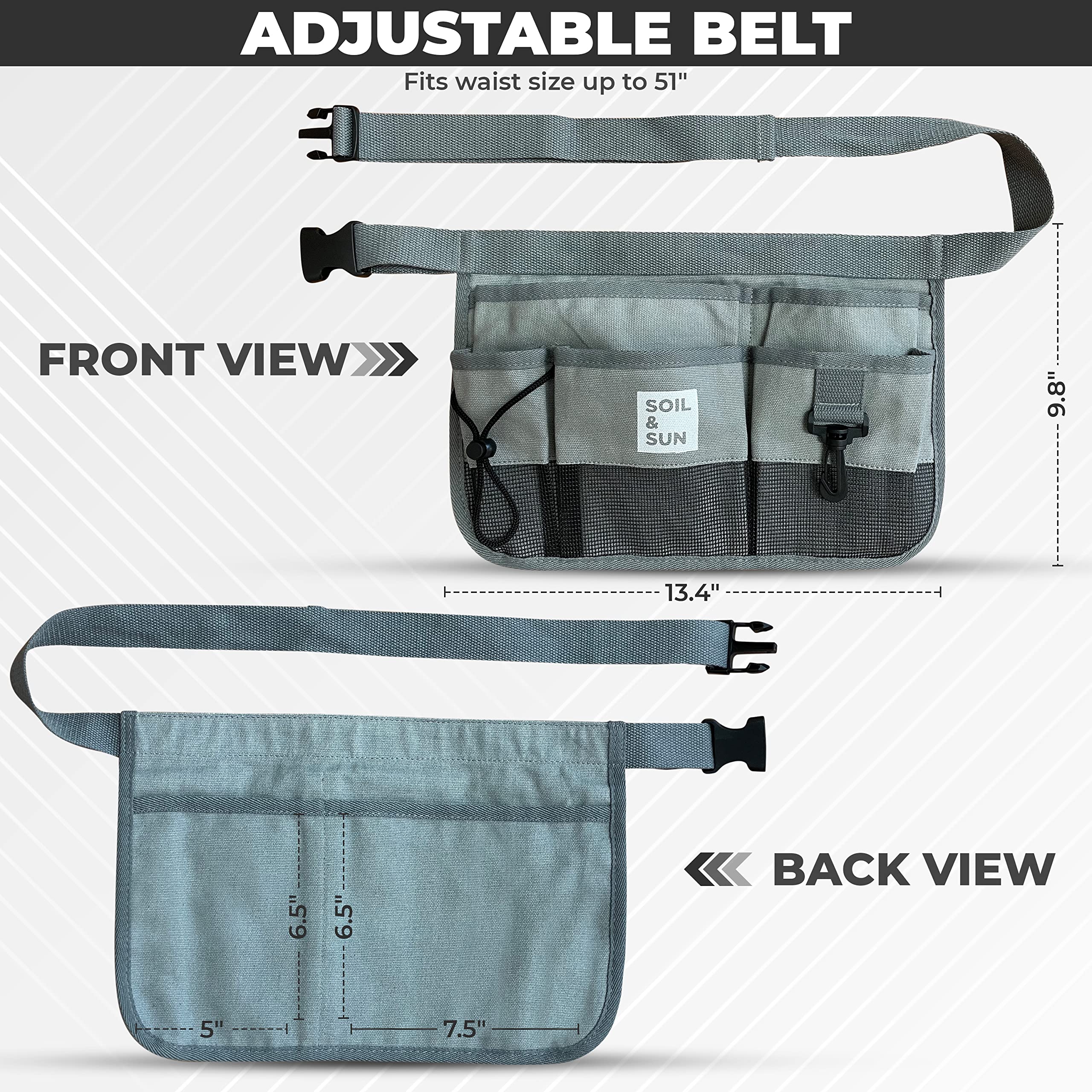 Soil & Sun pocket close-up displaying multiple compartments for tools and quick access