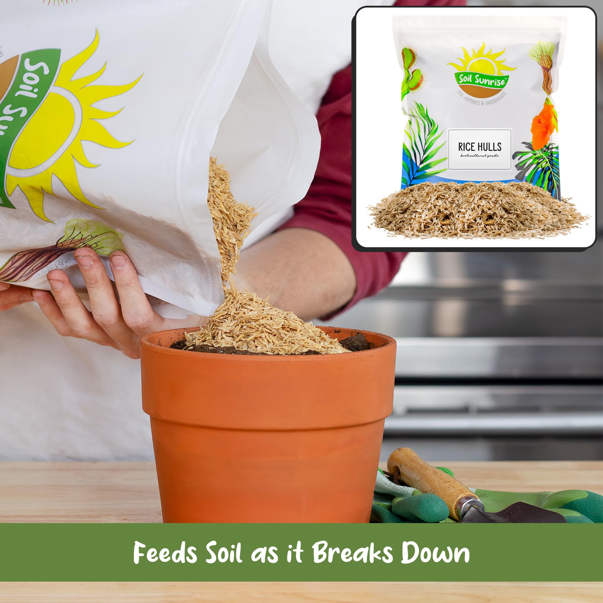 Soil Sunrise rice hulls used as mulch around plants conserving moisture