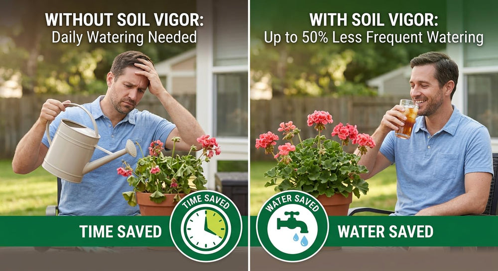 Soil Vigor spread on a lawn illustrating reduced watering frequency