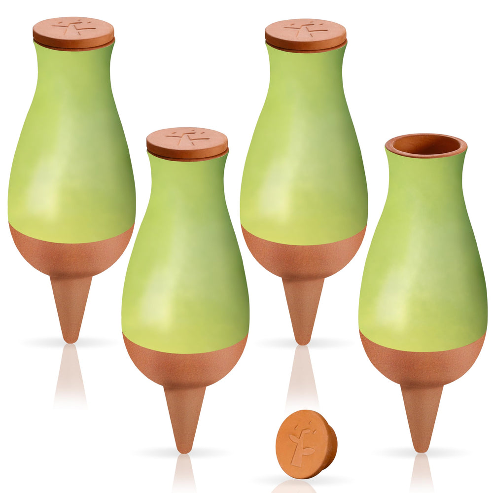 Soilagua front view of four terracotta stakes showing compact design and immediate use benefit