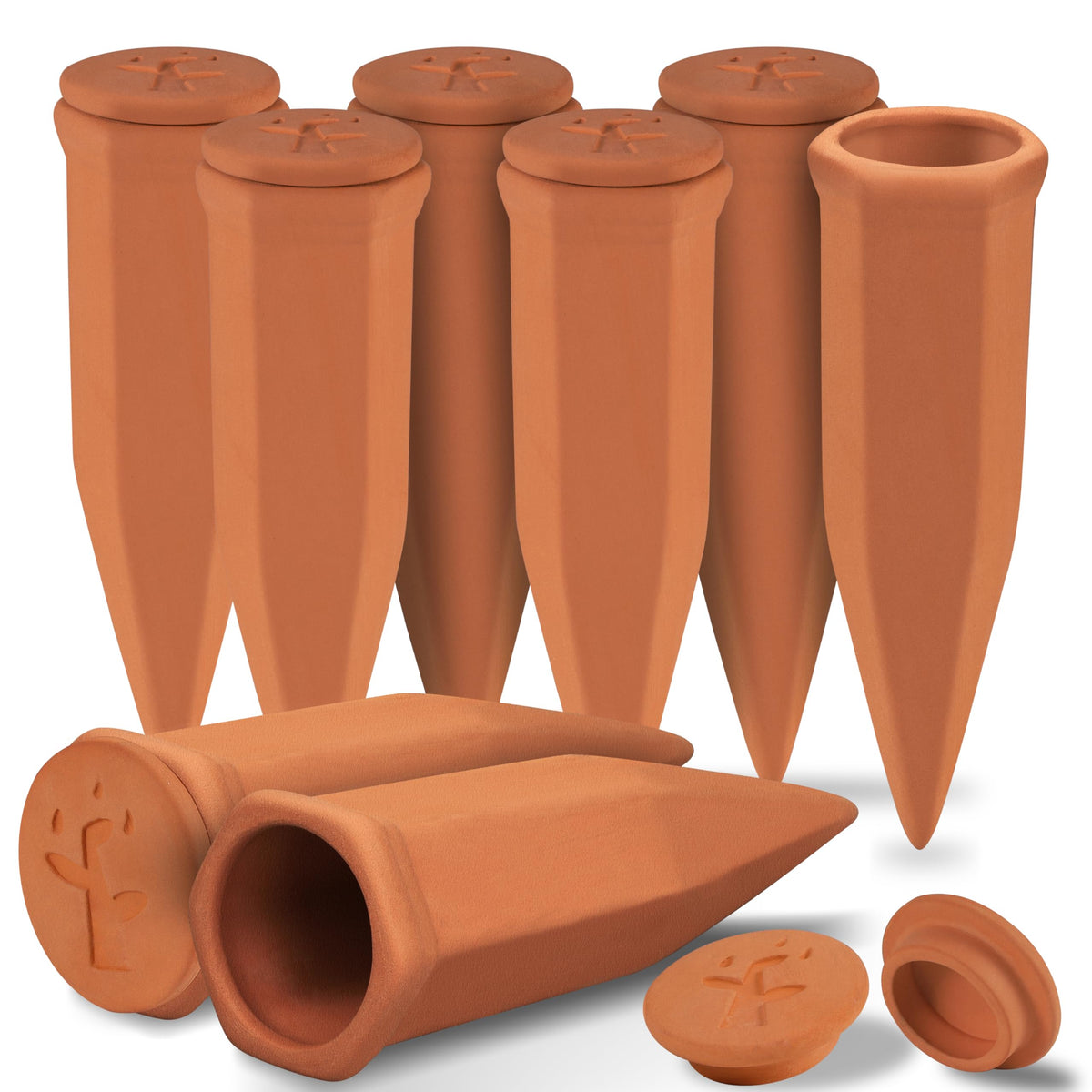 Soilagua front view of eight terracotta spikes showing durable set and quick plant care benefit