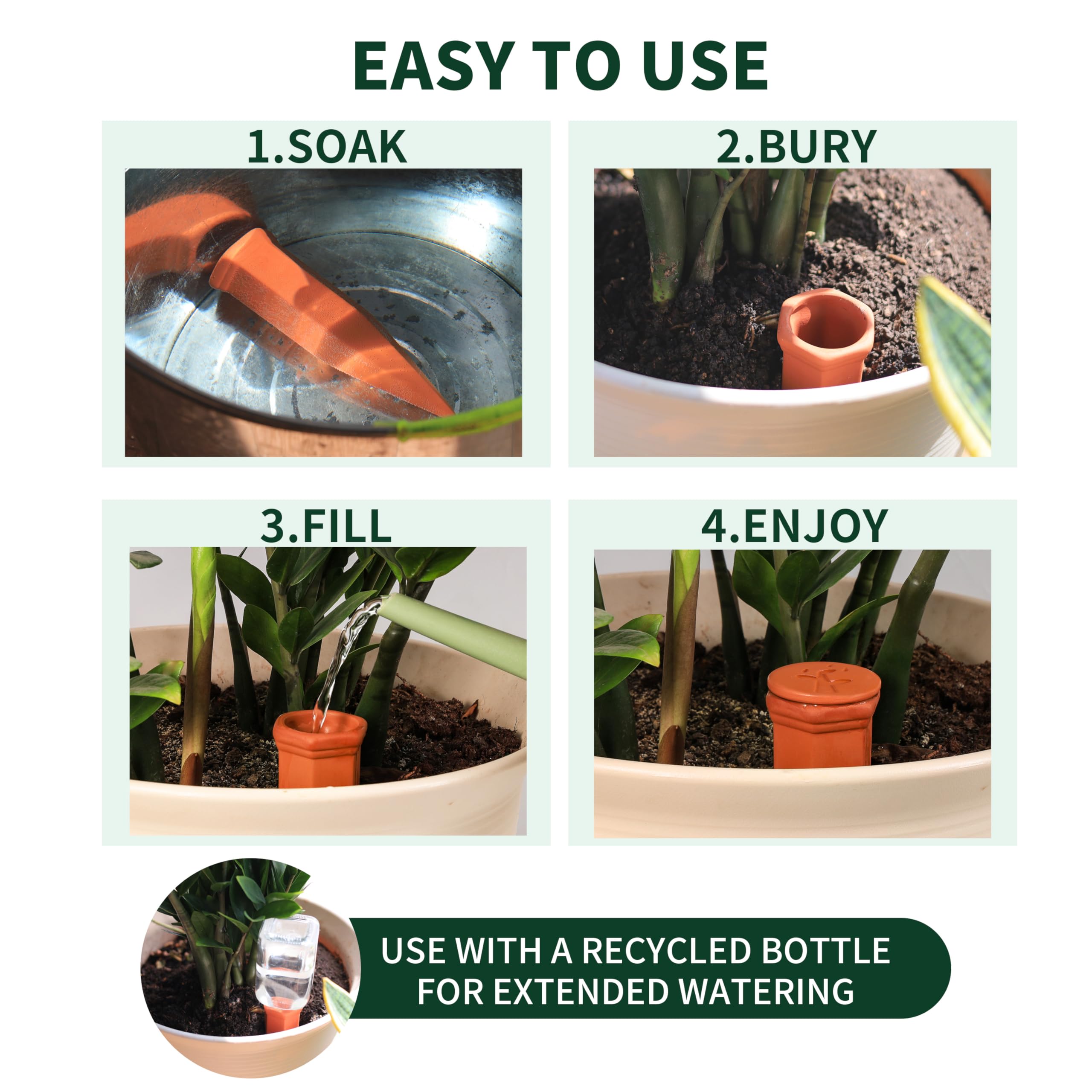 Soilagua lid detail on spike showing secure seal for leak-free slow watering