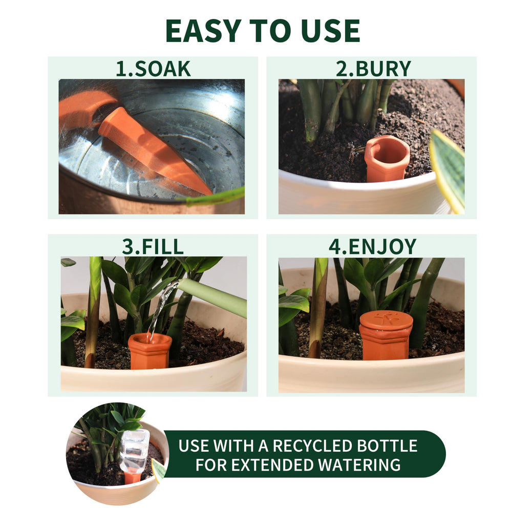 Soilagua lid detail on spike showing secure seal for leak-free slow watering