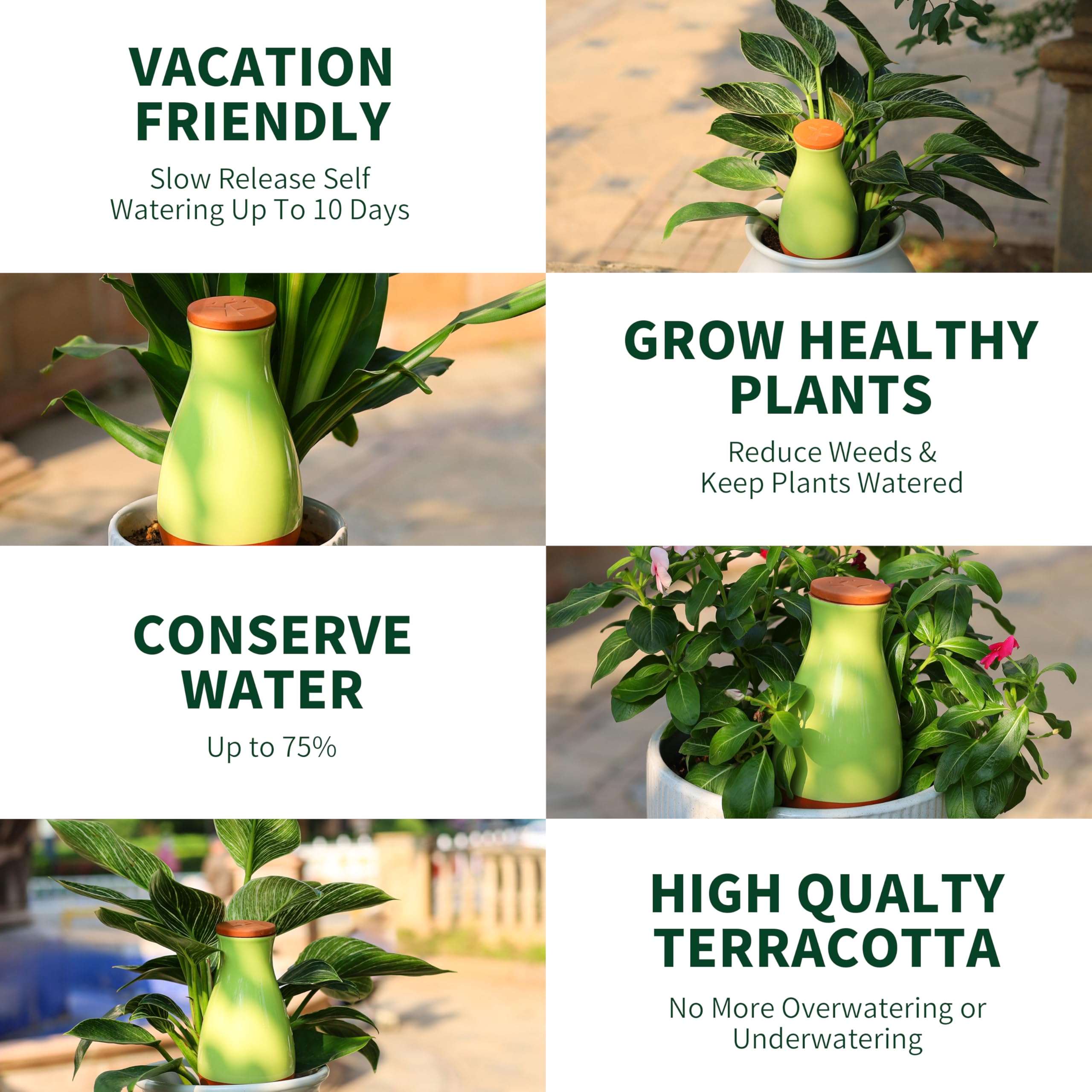 Soilagua stakes in balcony planter showing outdoor durability and hands-free watering benefit
