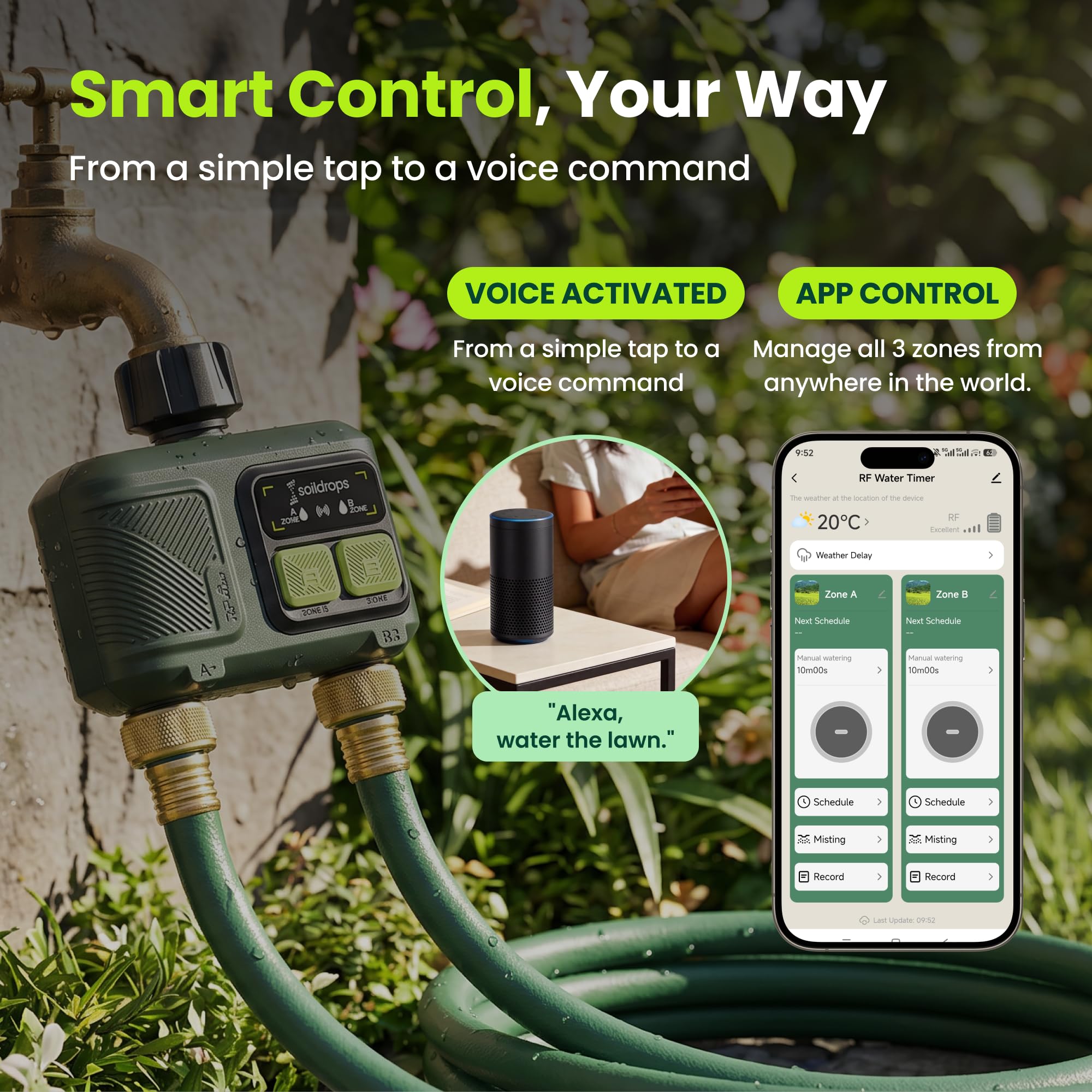 Soildrops mobile app schedule screen on phone illustrating custom zone programming
