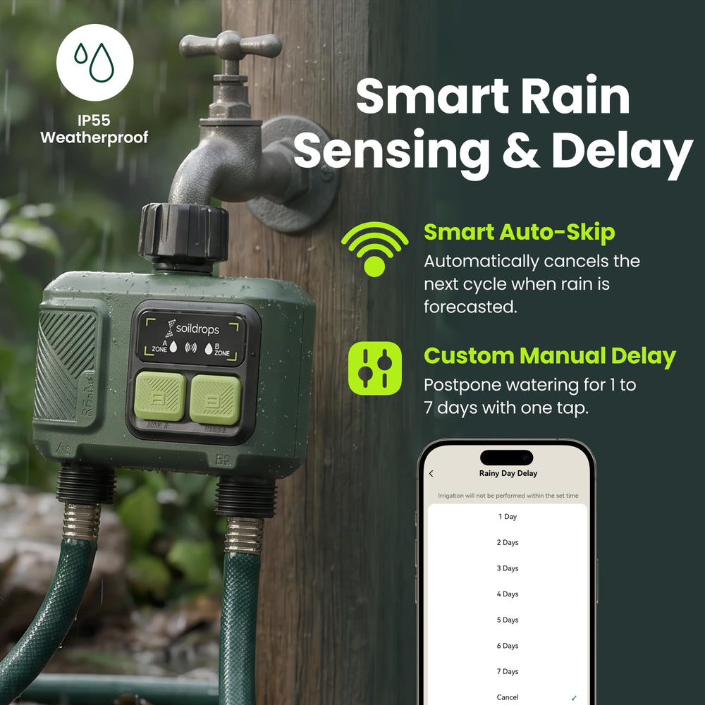 Soildrops controller installed in garden showing remote watering control benefit